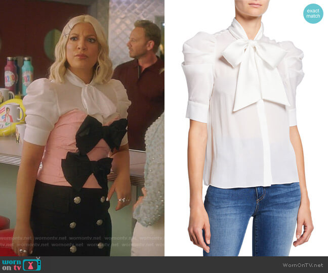 Tori’s white tie neck blouse on BH90210