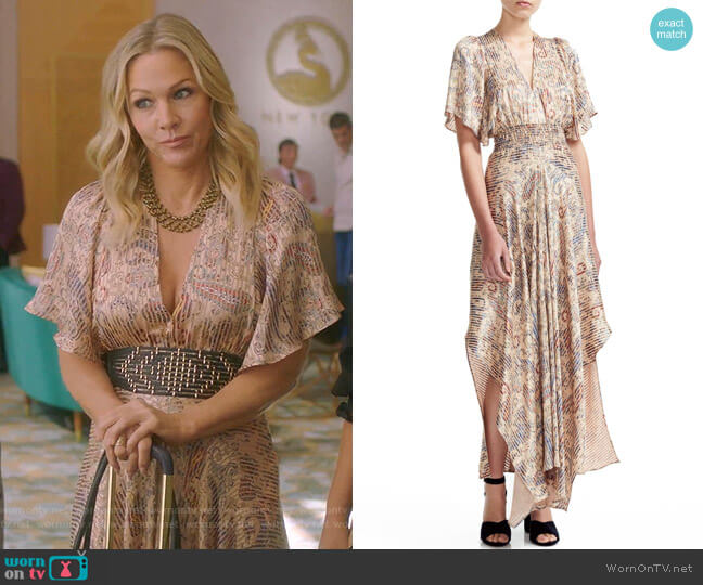 Jennie’s beige paisley print maxi dress on BH90210