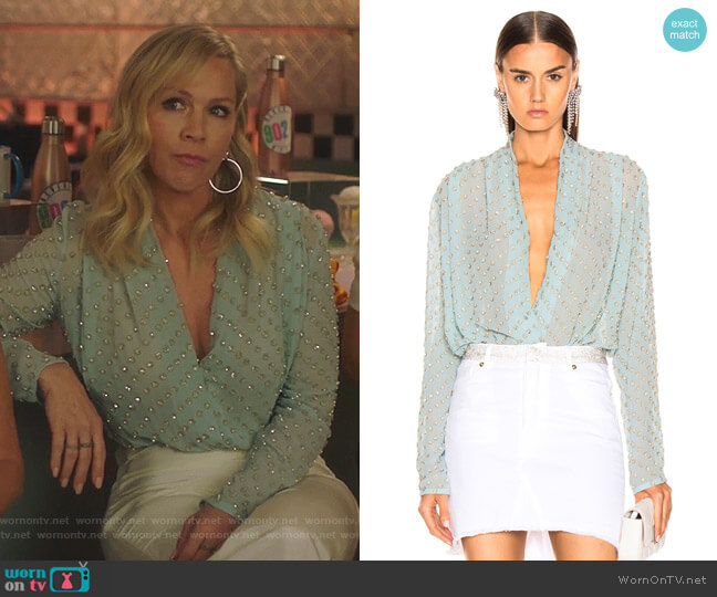 Jennie’s green embellished wrap top on BH90210