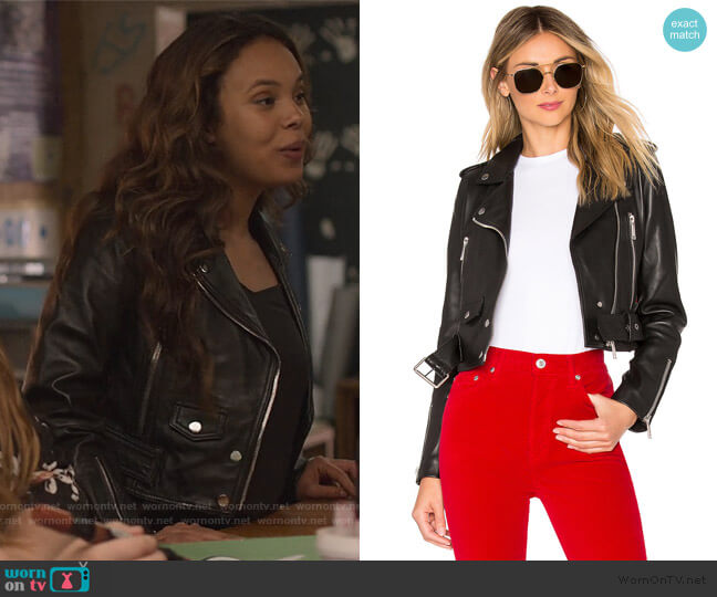 Mya Cropped Biker by LTH JKT worn by Jessica Davis (Alisha Boe) on 13 Reasons Why