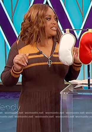 Sherri Shepherd’s brown stripe ribbed zip sweater on The Wendy Williams Show