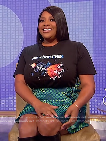 Sherri Shepherd’s metallic dot skirt and rocket graphic tee on The Wendy Williams Show