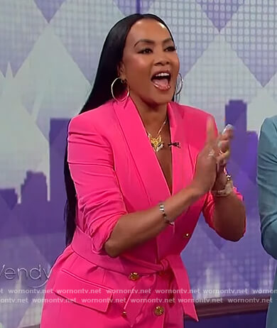 Vivica A Fox's pink tie waist blazer on The Wendy Williams Show