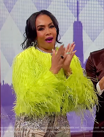 Vivica Fox's lime feather jacket on The Wendy Williams Show