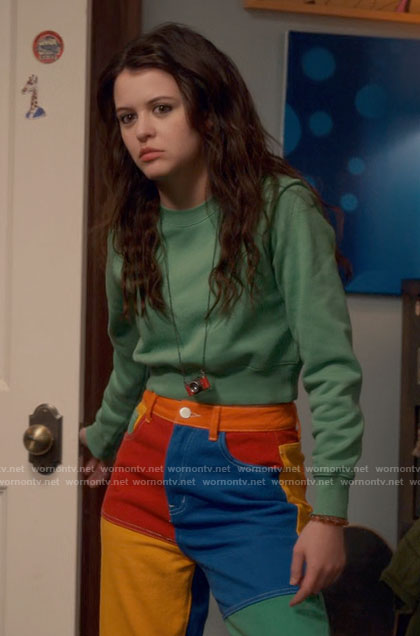 Maxine's green sweatshirt and rainbow jeans on Ginny & Georgia