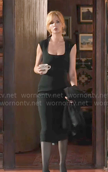 Beth’s black cap-sleeve midi dress on Yellowstone