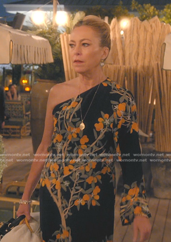 Sutton's black floral one shoulder dress on The Real Housewives of Beverly Hills