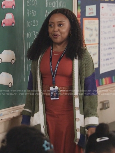 Janine's green colorblock cardigan on Abbott Elementary