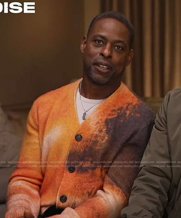 Sterling K. Brown's orange tie dye cardigan on Access Hollywood