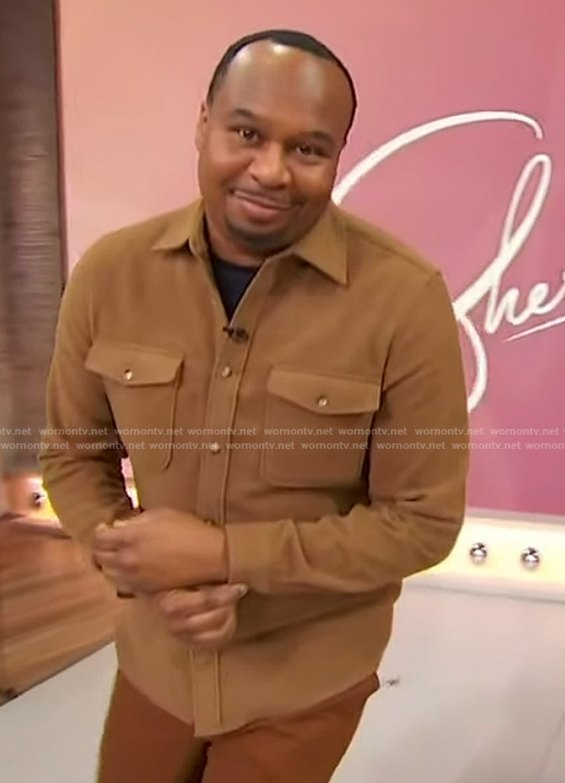 Roy Wood Jr's brown suede jacket on Sherri