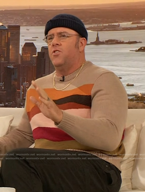 Chris Sullivan's landscape print sweater on The Drew Barrymore Show