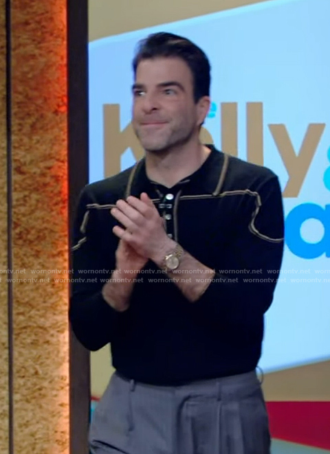 Zachary Quinto's black contrast trim polo on Live with Kelly and Mark