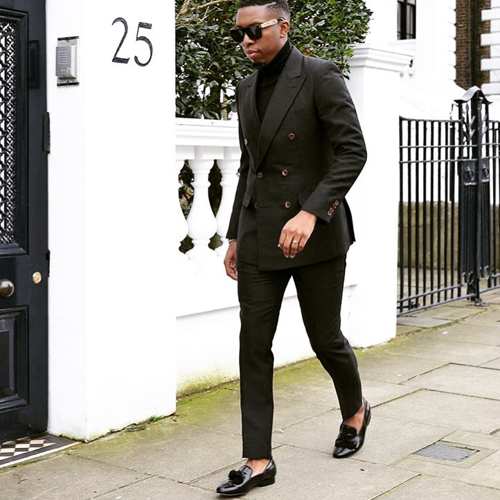 Black sweater, suit, loafers