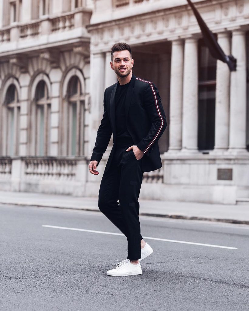 Black tee, suit, sneaker