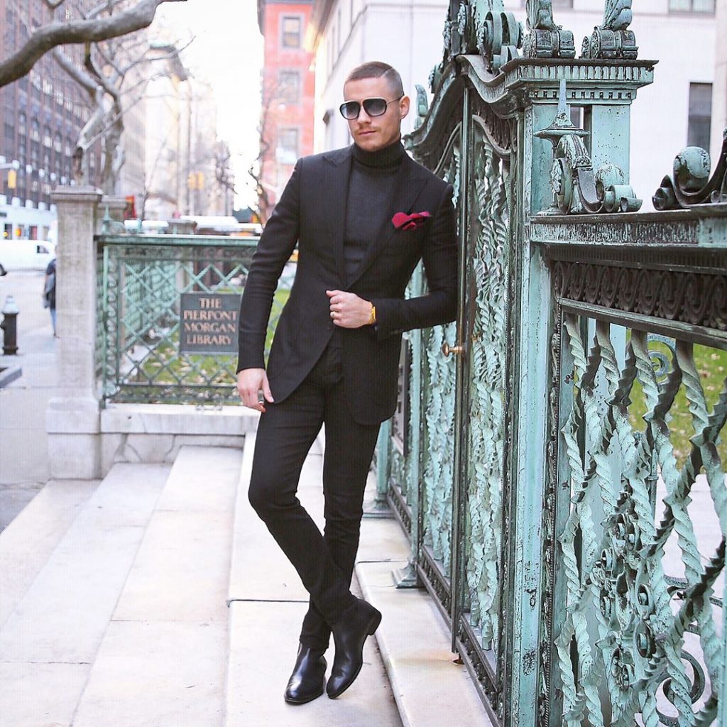 Black sweater, suit, Chelsea boots