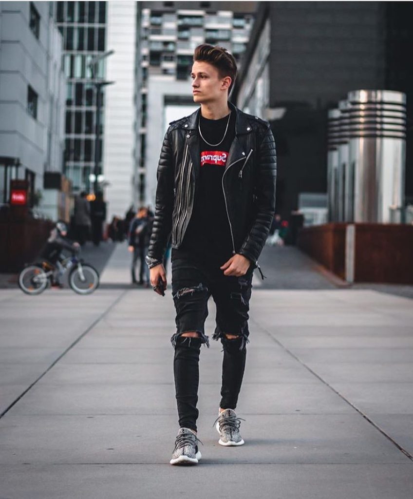 Leather biker jacket, black tee, jeans, sneaker