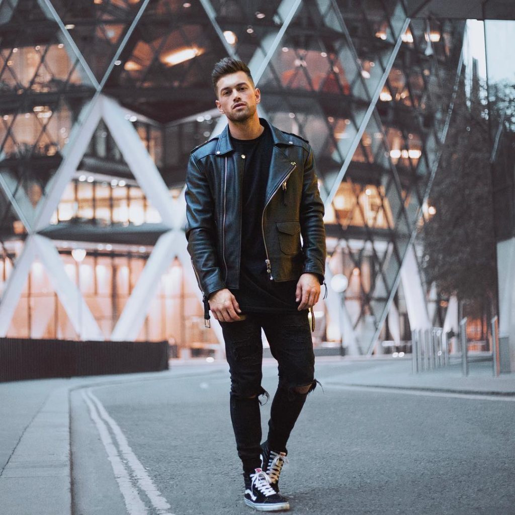 Leather biker jacket, tee, jeans, sneaker