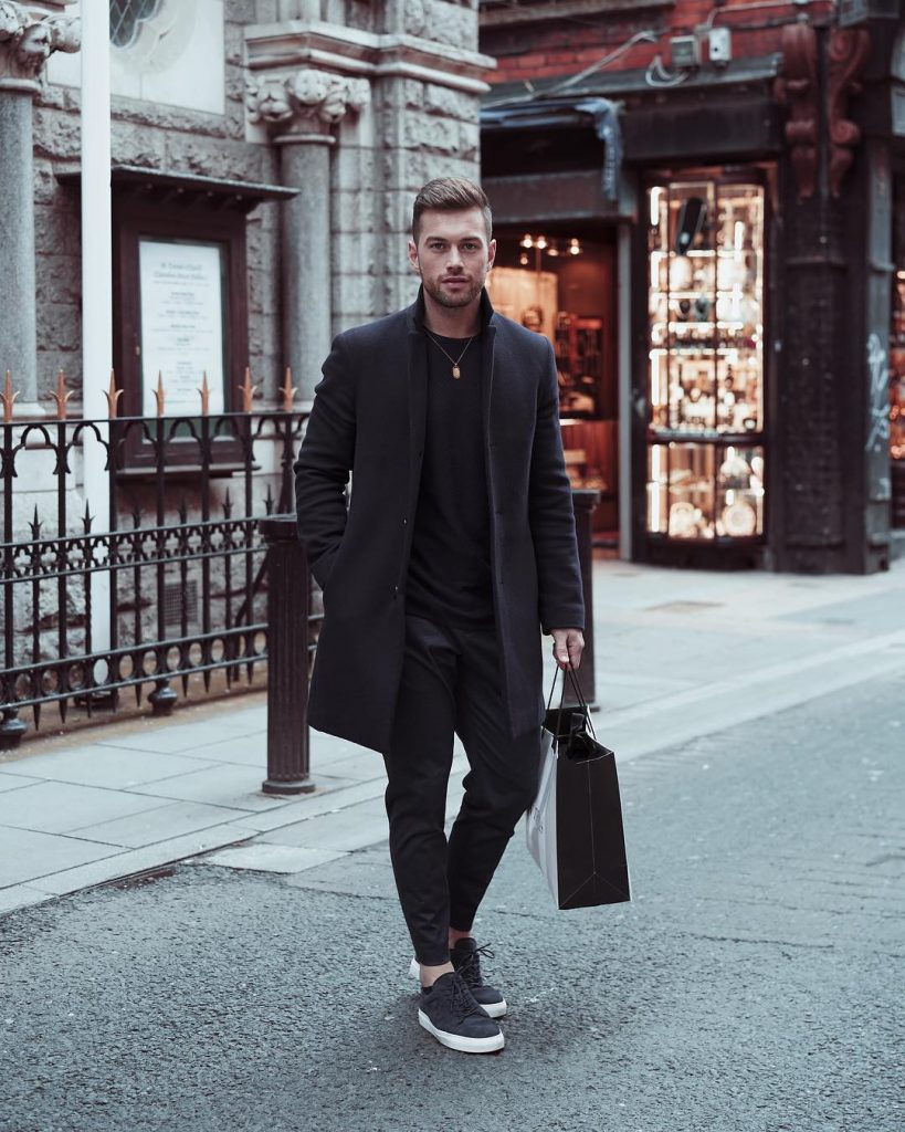 Black wool overcoat, tee, trousers, sneaker