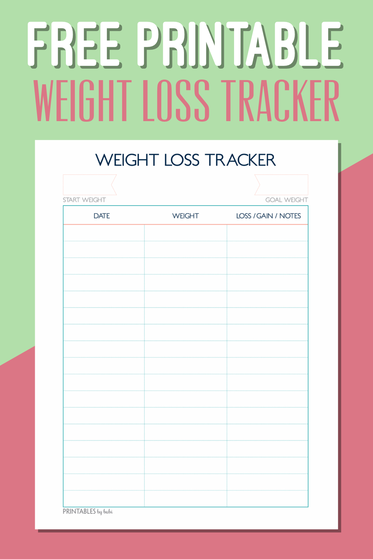 Weight Loss Tracker Printable Sheet