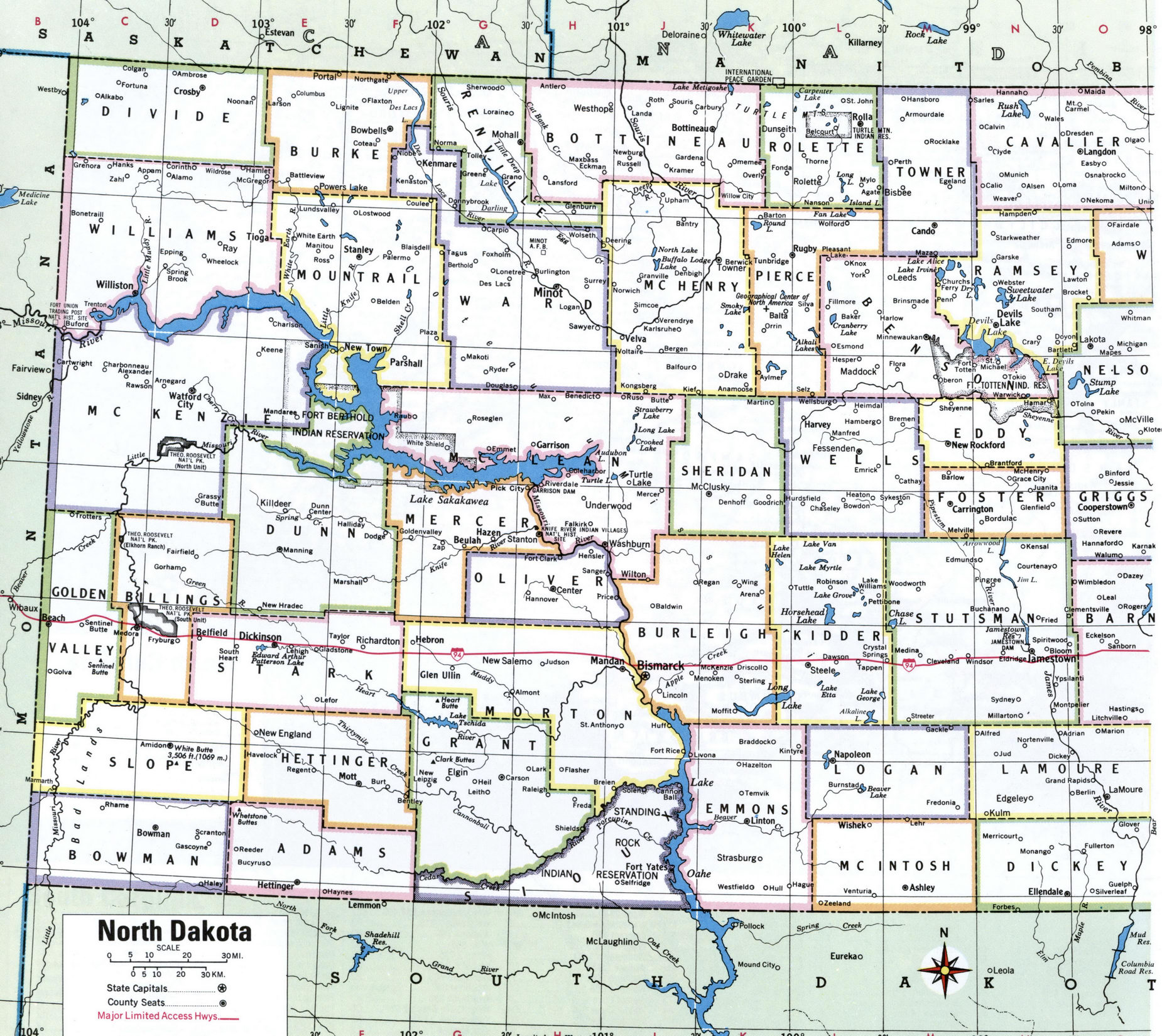 North Dakota state county map with roads cities towns counties highway