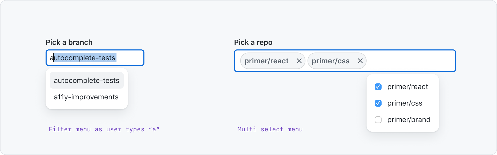 two side by side autocomplete inputs focused with open menus. One shows a single select menu, the second shows a multi select menu with checkboxes