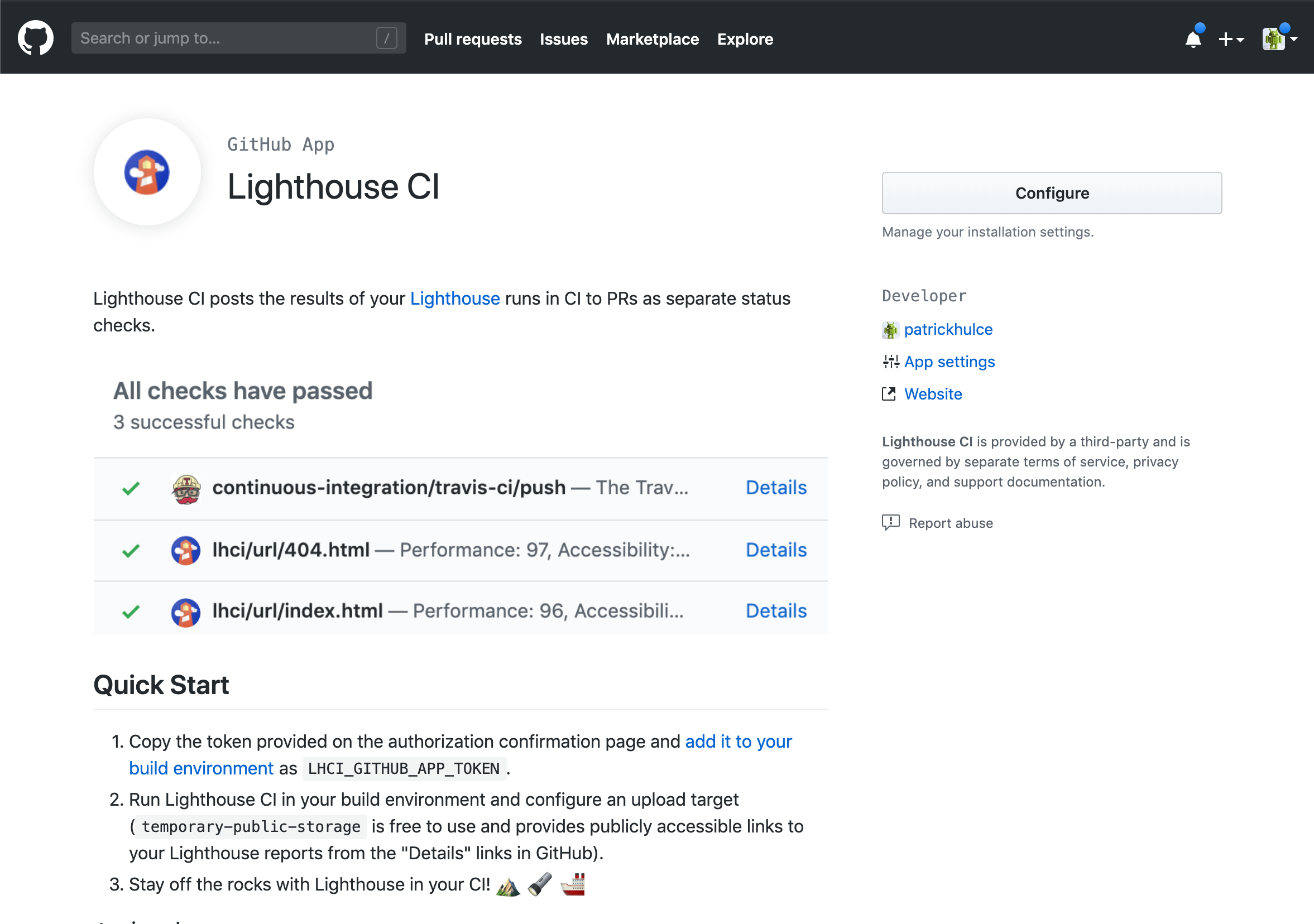 Screenshot of the Lighthouse CI github app UI