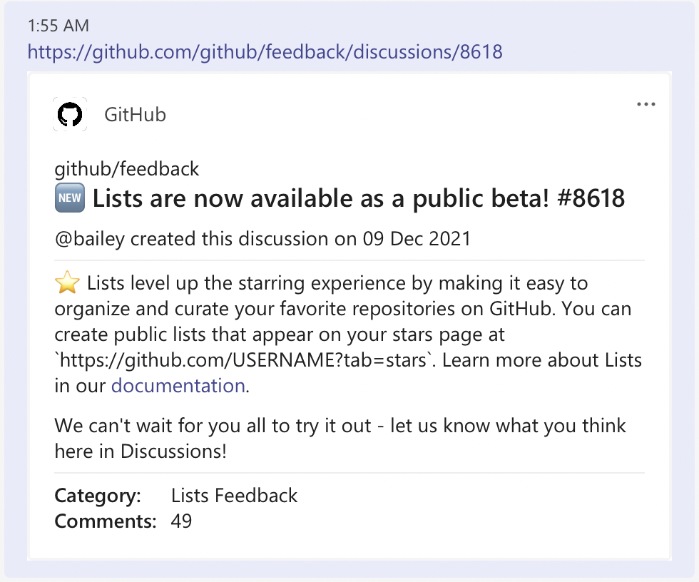 An example discussion link unfurl on Microsoft Teams