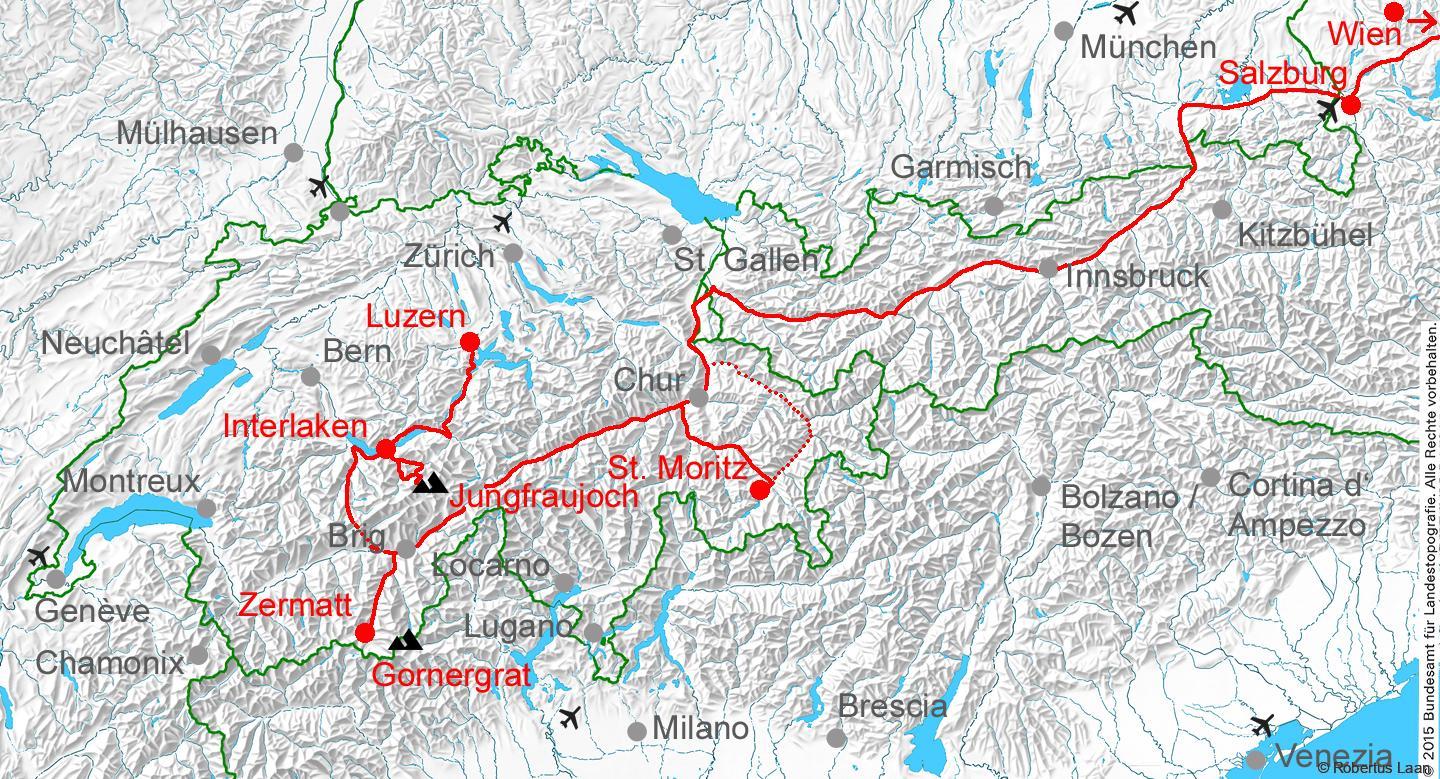 map of train trip Vienna, Salzburg and Swiss Alps