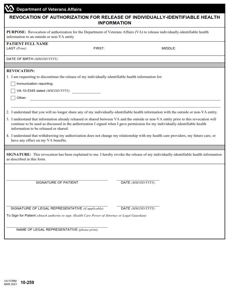 VA Form 10-259 – Revocation of Authorization for Release of Release of ...