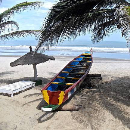 Boot onder een palmboom op het strand in Gambia