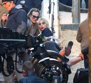 NEW YORK, NEW YORK - APRIL 02: Lady Gaga and Joaquin Phoenix help a fallen crew member on location for 'Joker: Folie a deux' on April 02, 2023 in New York City. (Photo by Gotham/GC Images)