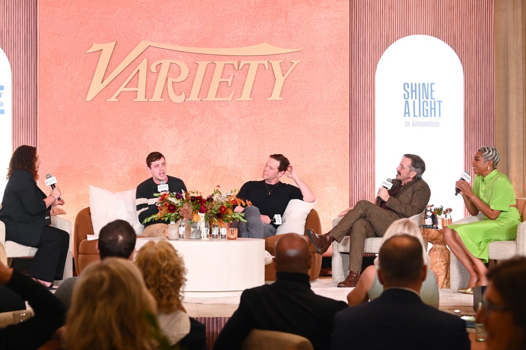 WEST HOLLYWOOD, CALIFORNIA - OCTOBER 18: (L-R) Variety Contributor & Editor-in-Chief at Pasadena Magazine and Moderator Malina Saval, Alex Edelman, Ike Barinholtz, Marc Maron and Tiffany Haddish speak onstage during Variety Hollywood & Antisemitism Summit Presented by The Margaret & Daniel Loeb Foundation and Shine A Light Foundation at 1 Hotel West Hollywood on October 18, 2023 in West Hollywood, California. (Photo by Araya Doheny/Variety via Getty Images)