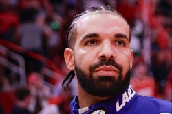 HOUSTON, TEXAS - MARCH 16: Rapper, songwriter, and icon Drake attends a game between the Houston Rockets and the Cleveland Cavaliers at Toyota Center on March 16, 2024 in Houston, Texas. NOTE TO USER: User expressly acknowledges and agrees that, by downloading and or using this photograph, User is consenting to the terms and conditions of the Getty Images License Agreement. (Photo by Carmen Mandato/Getty Images)