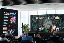 WEST HOLLYWOOD, CALIFORNIA - SEPTEMBER 18: (L-R) Katherin Downing and Leslie Poyatos speak onstage during the "Fireside Chat with Riot Games" panel at the Gaming on TikTok Leadership Summit presented by Variety at The West Hollywood EDITION on September 18, 2024 in West Hollywood, California.  (Photo by Jon Kopaloff/Variety via Getty Images)