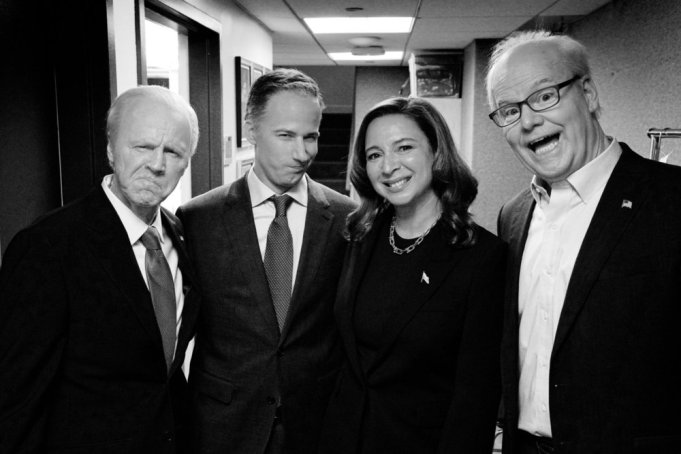 SATURDAY NIGHT LIVE -- Episode 1865 -- Pictured: (l-r) Special guests Dana Carvey, Andy Samberg, Maya Rudolph, and Jim Gaffigan pose together backstage on Saturday, September 28, 2024 -- (Photo by: Rosalind OConnor/NBC)