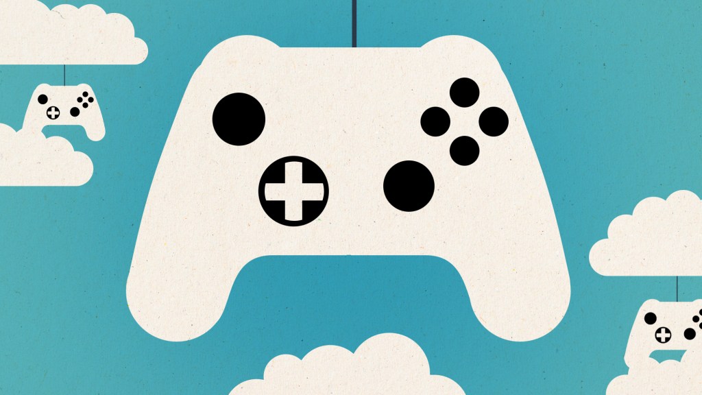 Video game controllers floating in the air with clouds