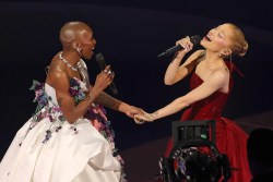 HOLLYWOOD, CALIFORNIA - MARCH 02: (L-R) Cynthia Erivo and Ariana Grande perform onstage during the 97th Annual Oscars at Dolby Theatre on March 02, 2025 in Hollywood, California.  (Photo by Kevin Winter/Getty Images)