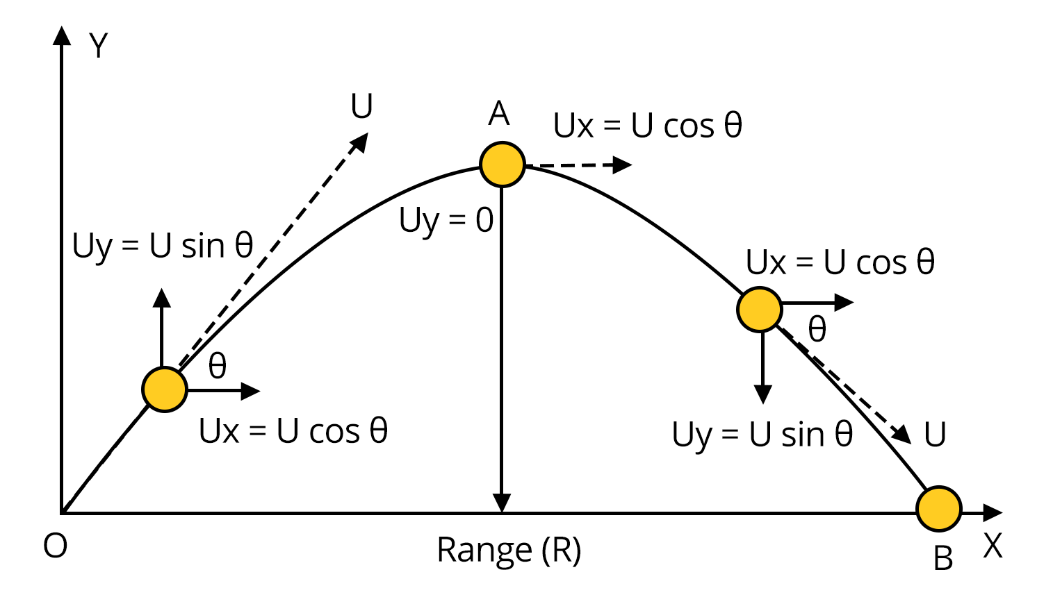 velocity at different points on a projectile motion