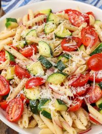 close up of Zucchini and Tomato Pasta Salad