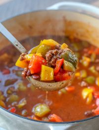 soup with ground beef, bell peppers, rice, tomatoes, and beans