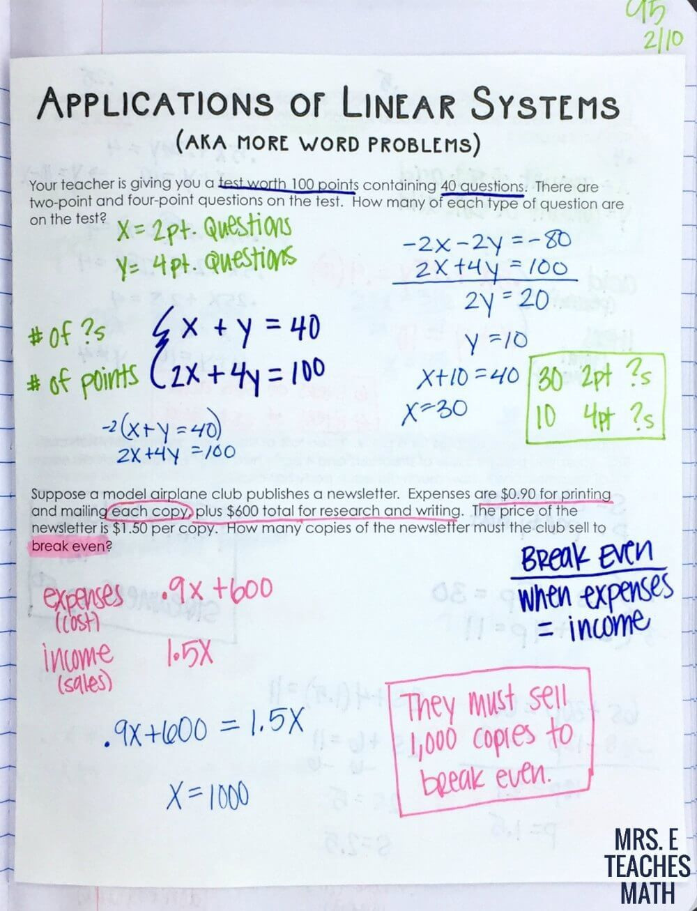 Linear Functions Word Problems Worksheet Systems Of Linear Equations Word Problems Inb Page