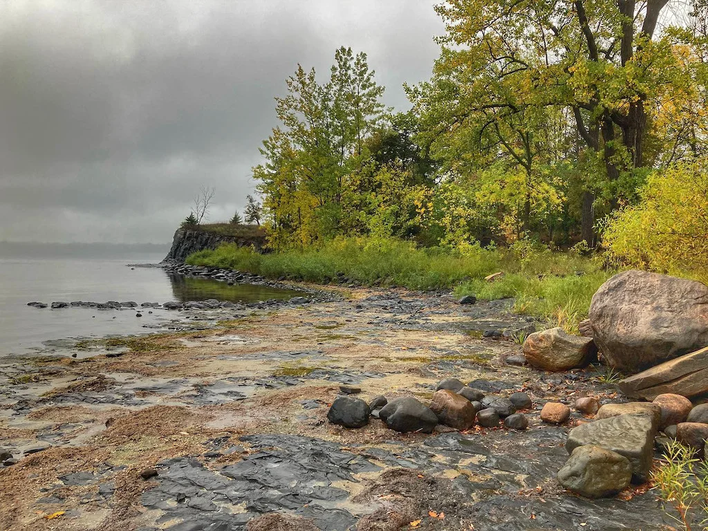 A cloudy fall view of the beach at Alburgh Dunes State Park in Vermont.