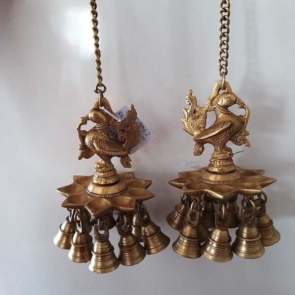 Designer brass annam diya 9 face with bells wall hanging chain