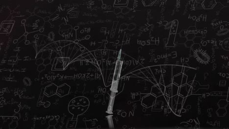 Animation-of-chemistry-data-and-drawings-over-syringe-with-liquid-dropping