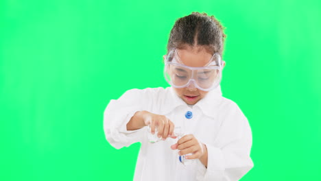 Science,-test-tube-and-child-with-liquid-on-green