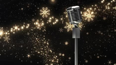 Retro-metallic-microphone-against-golden-shooting-star-against-black-background