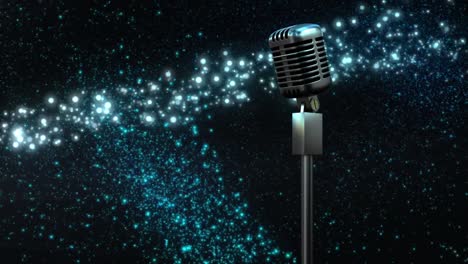 Retro-metallic-microphone-against-blue-shooting-star-against-black-background