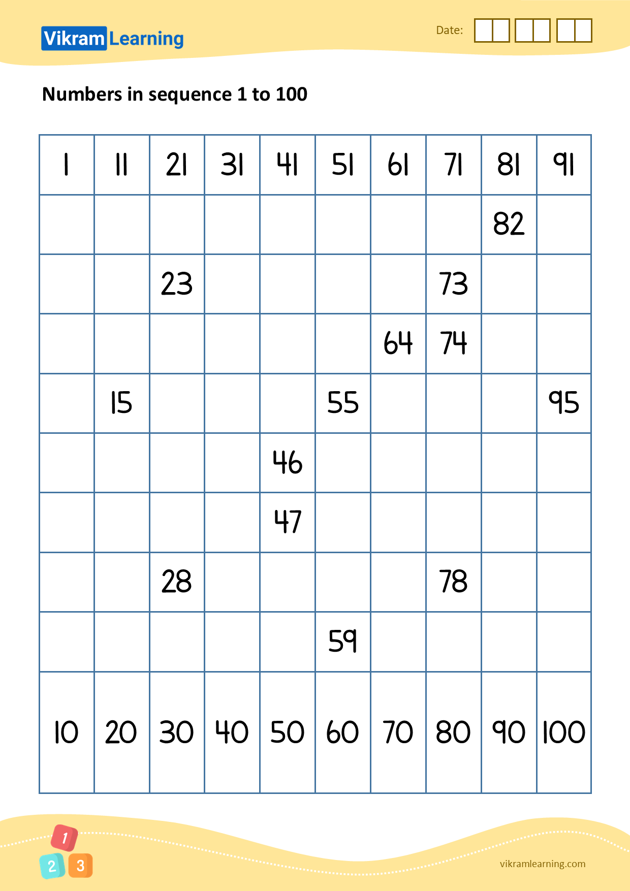 Download 03 - numbers in sequence 1 to 100 worksheets | vikramlearning.com