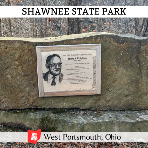 square image with a photo of a rock with a dedication to Harry S. Knighton, founder of the Shawnee Nature Club. A white strip across the top has the text Shawnee State Park