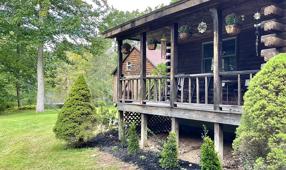 wood cabin with deck in the woods